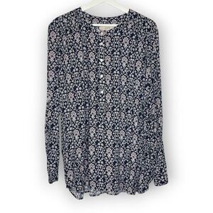 Ann Taylor Loft Long Sleeve Quarter Button Up Top Blouse Blue Floral Women’s XL